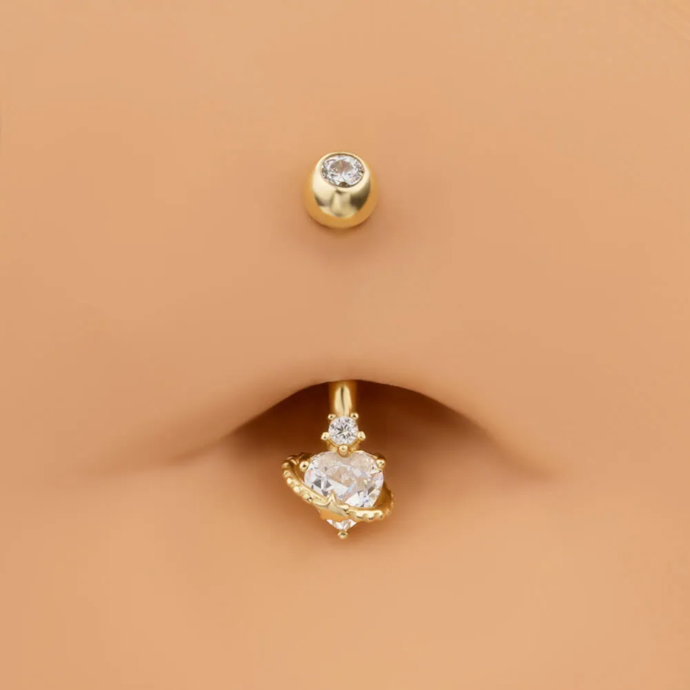 14K Solid Gold 14G Heart & Star Orbit Belly Button Ring