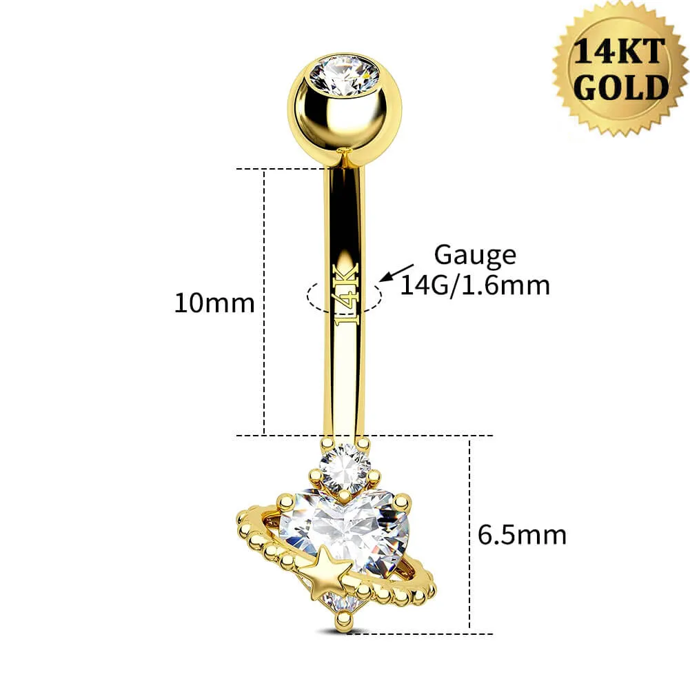 14K Solid Gold 14G Heart & Star Orbit Belly Button Ring