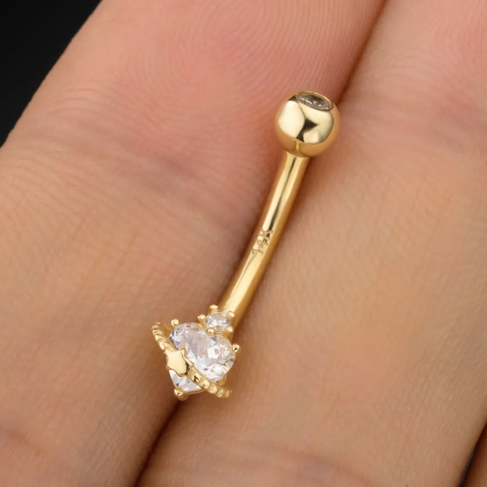 14K Solid Gold 14G Heart & Star Orbit Belly Button Ring