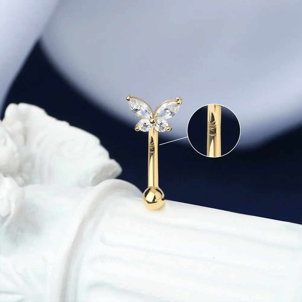 14K Solid Gold Butterfly Rook Earring 16G CZ Cartilage Eyebrow Ring