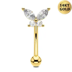 14K Solid Gold Butterfly Rook Earring 16G CZ Cartilage Eyebrow Ring