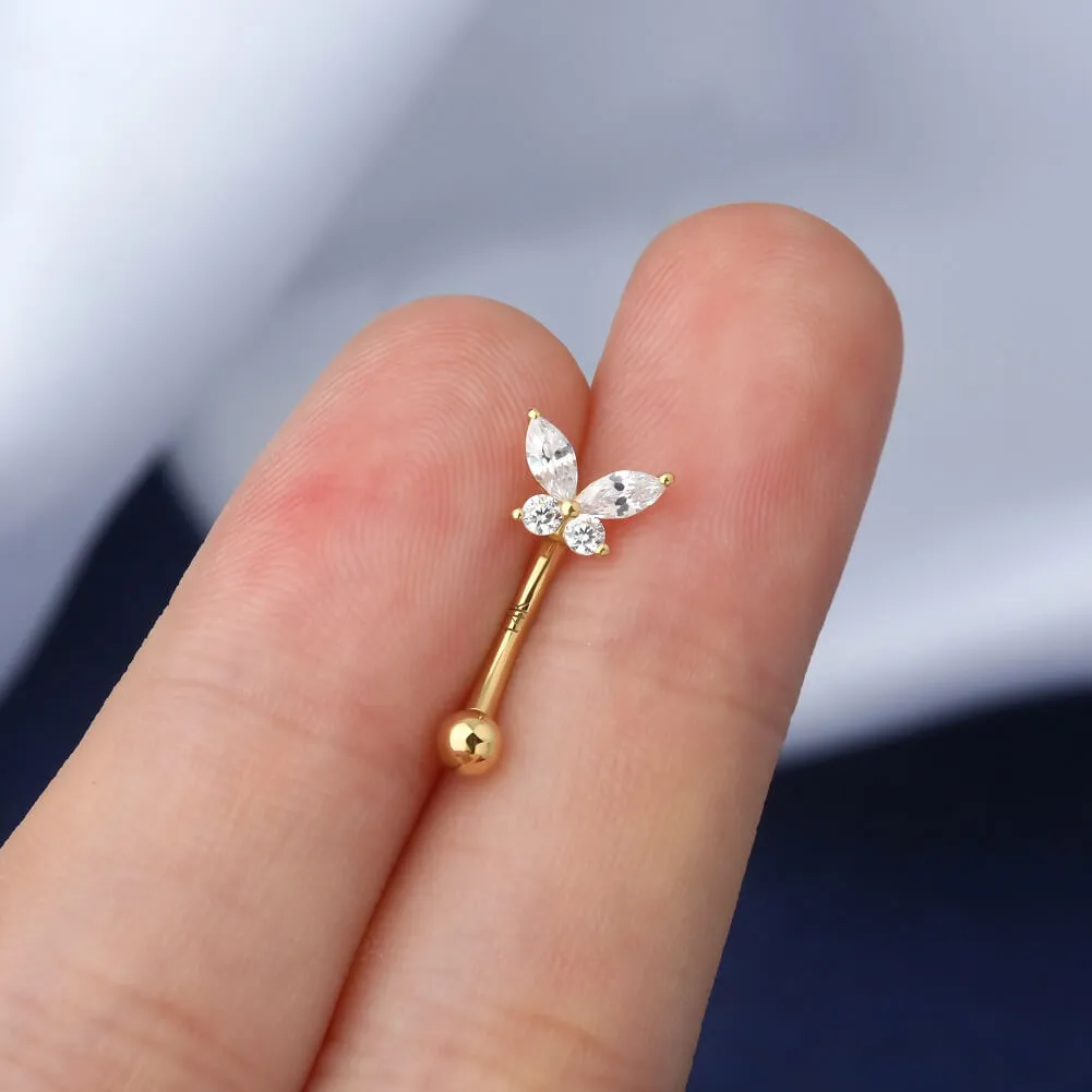 14K Solid Gold Butterfly Rook Earring 16G CZ Cartilage Eyebrow Ring