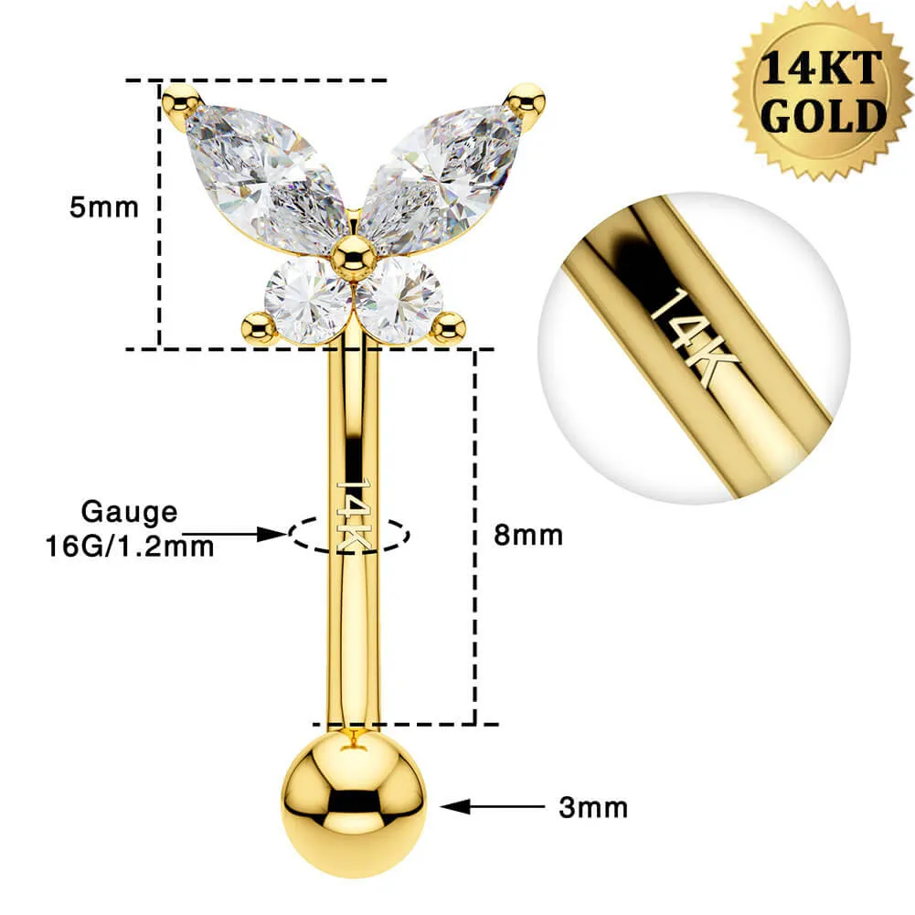 14K Solid Gold Butterfly Rook Earring 16G CZ Cartilage Eyebrow Ring