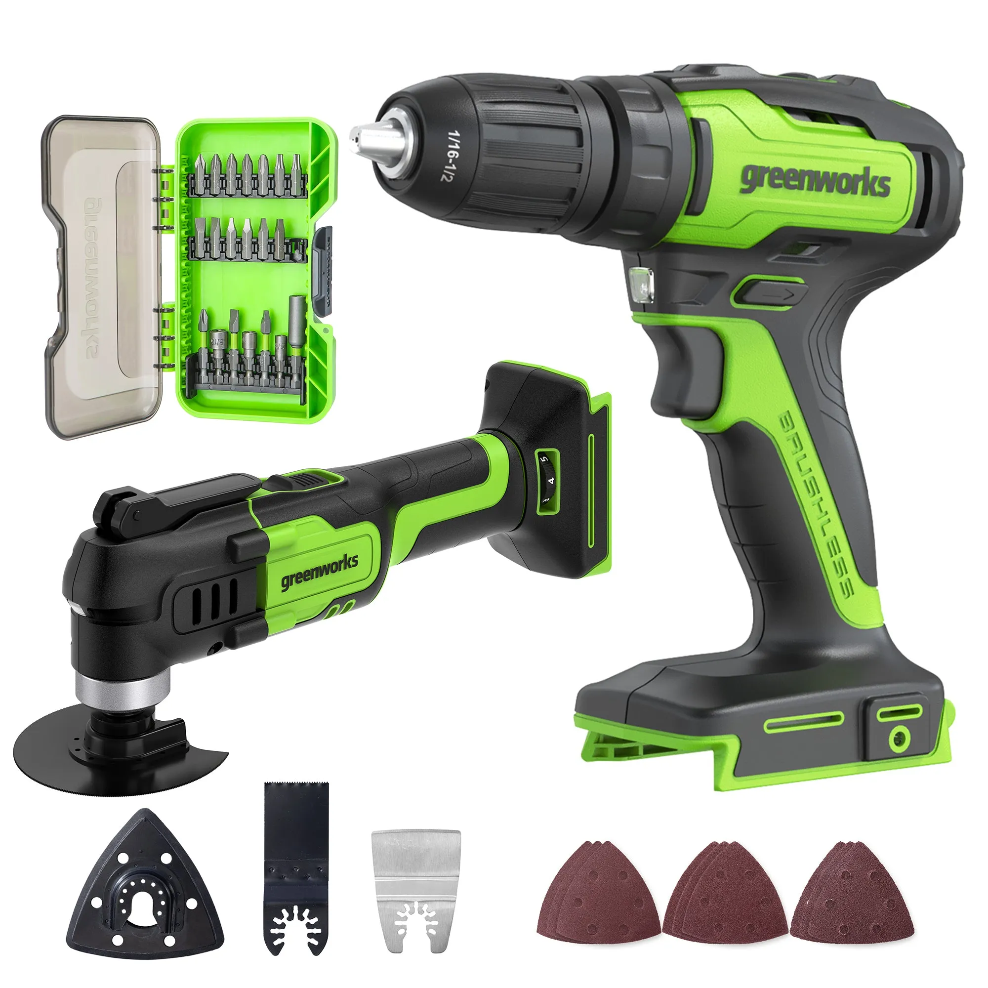 24V Cordless Battery Drill/Driver and Multitool   20pc Driving Set w/ Two (2) 2.0Ah USB Batteries & Charger