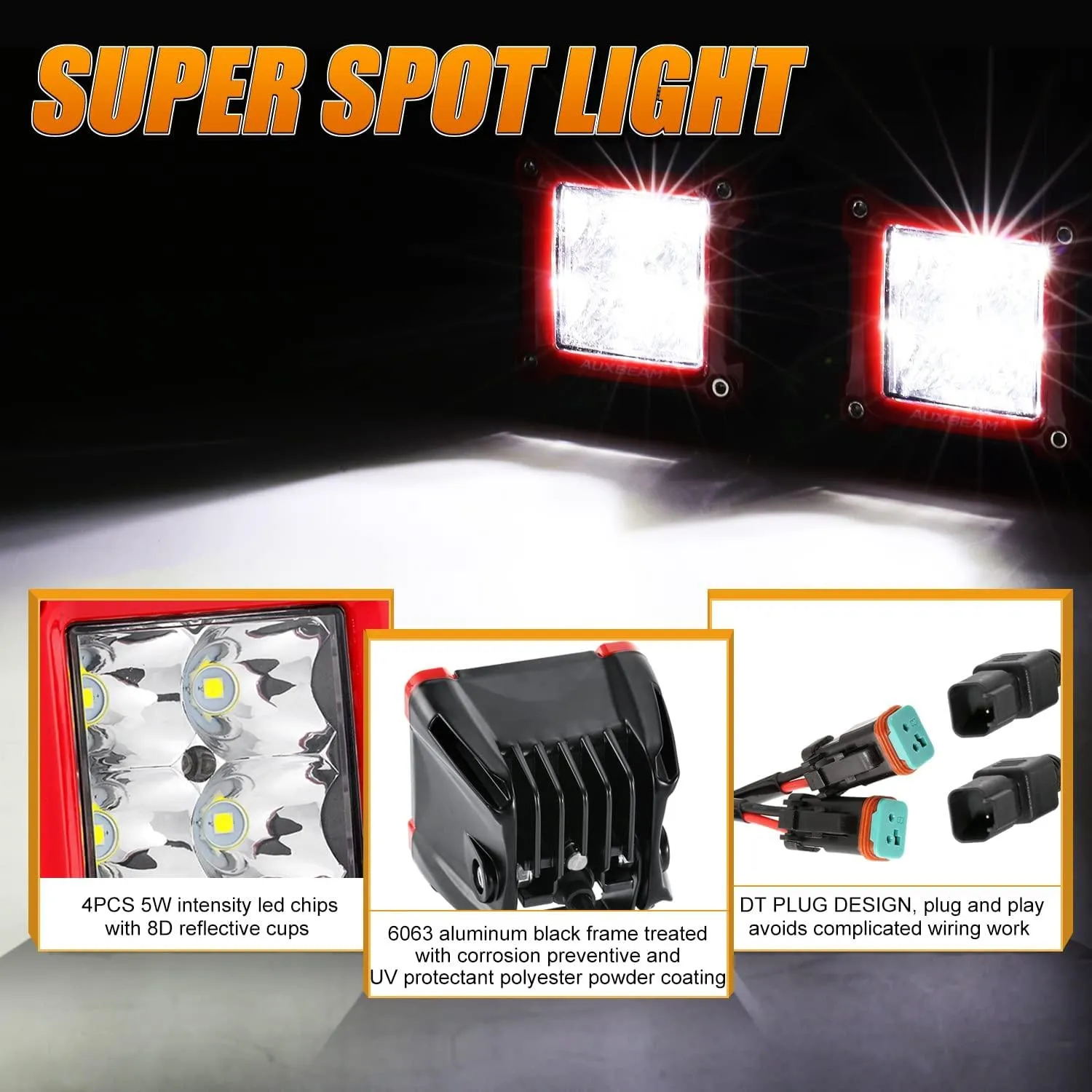 3 Inch 40W Spot/Flood Beam LED Pods Light   Universal LED Working Lights Mounting Brackets