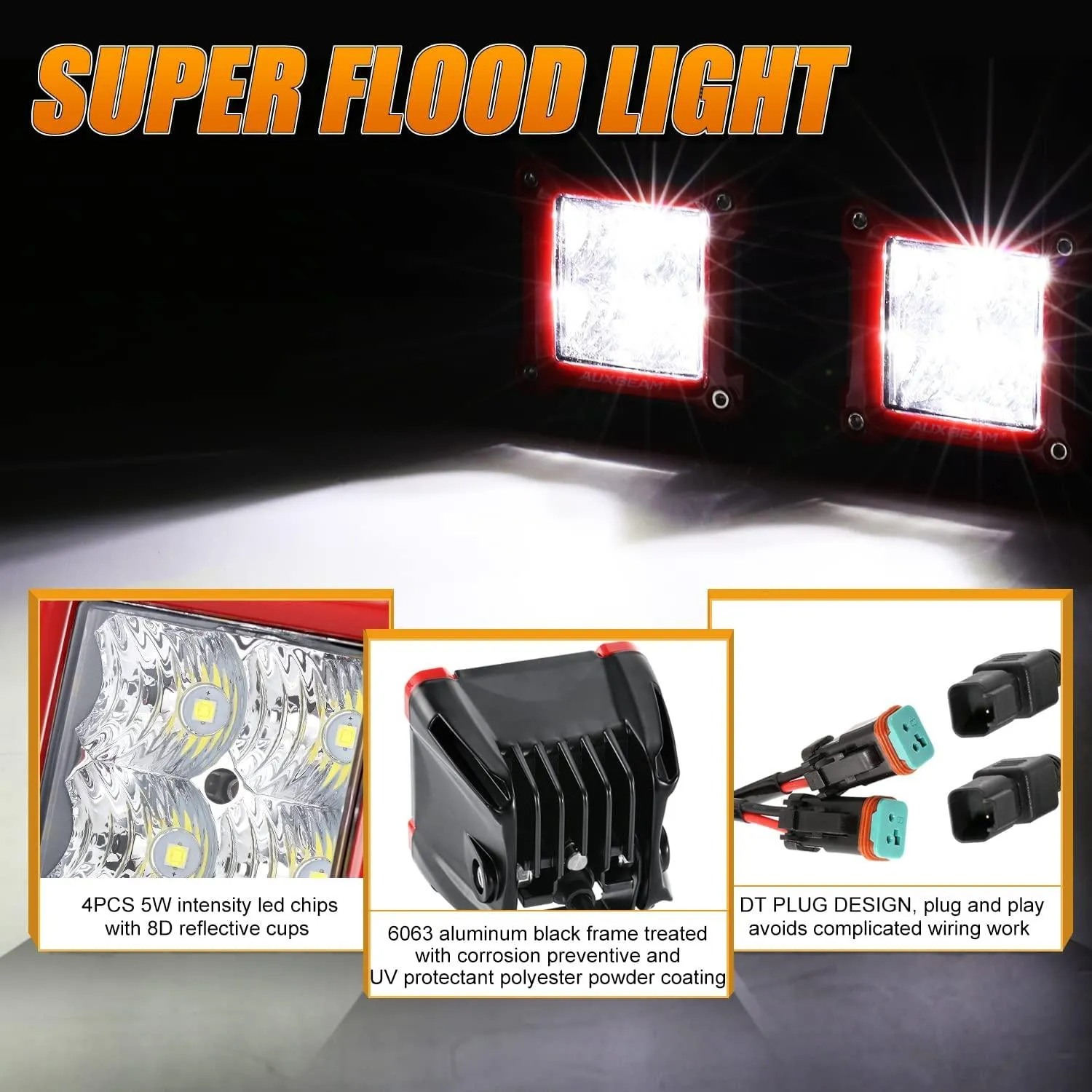 3 Inch 40W Spot/Flood Beam LED Pods Light   Universal LED Working Lights Mounting Brackets