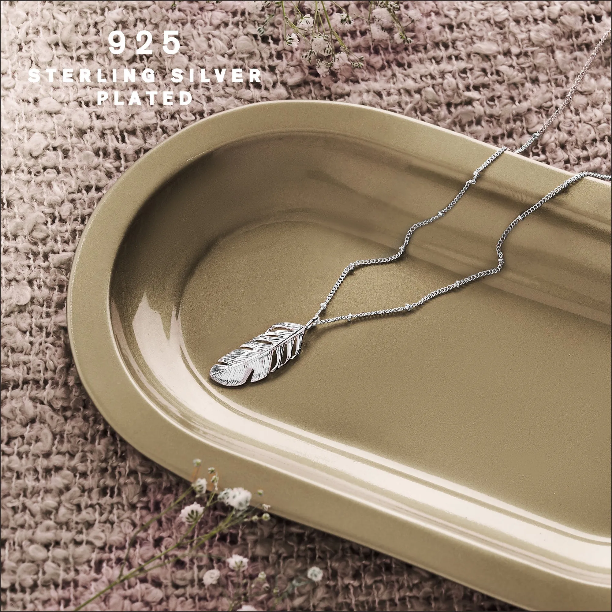 925 Sterling Silver-Plated Long Leaf Necklace