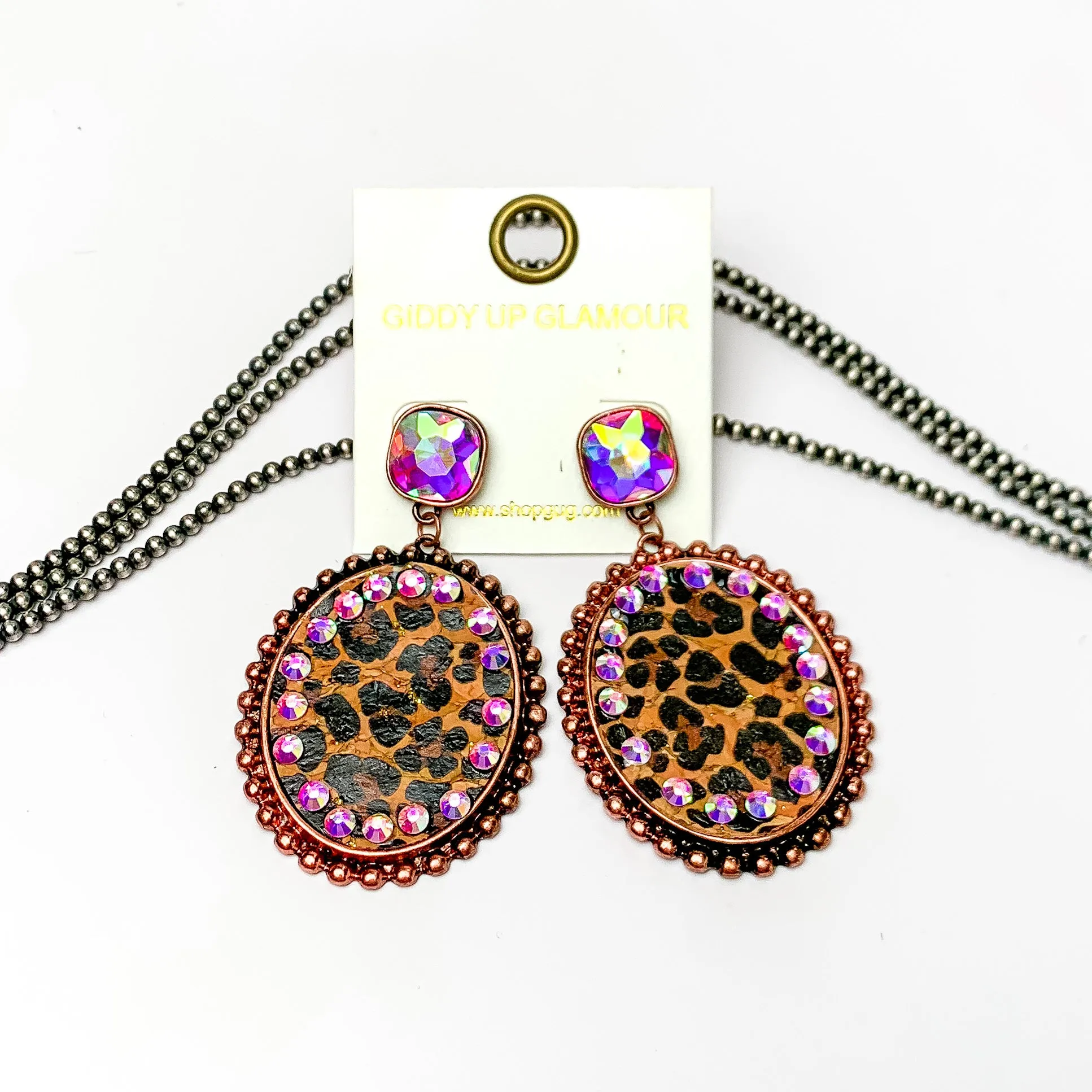 AB Crystal Post Copper Tone Oval Earrings with Leopard Inlay and AB Crystal Outline