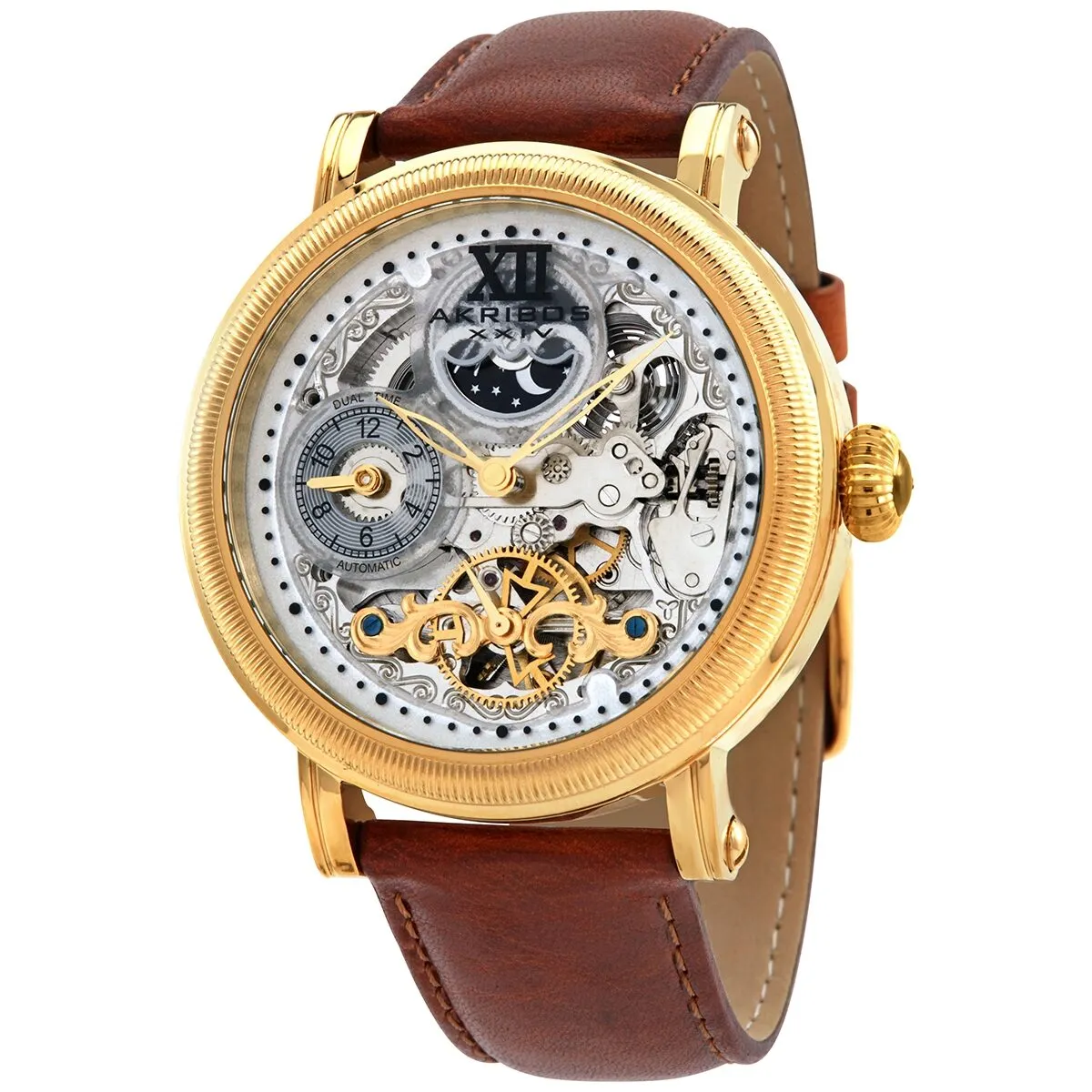 Akribos Xxiv Automatic Skeleton Dial Brown Leather Men's Watch AK968YGTN