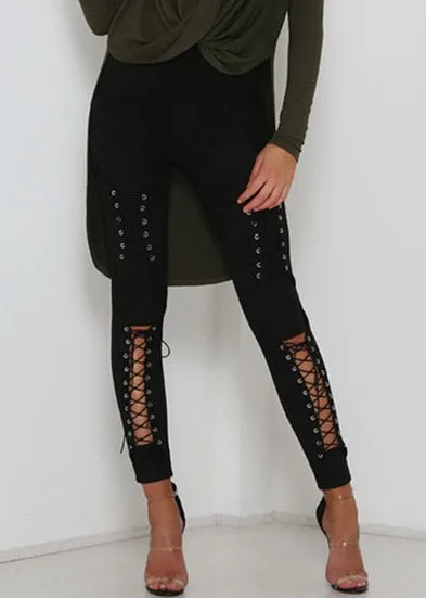 Autumn Sexy Women Lace Up Faux Suede Stretch Bodycon Pencil Pants Hollow Out Winter Female High Waist Bandage Pants