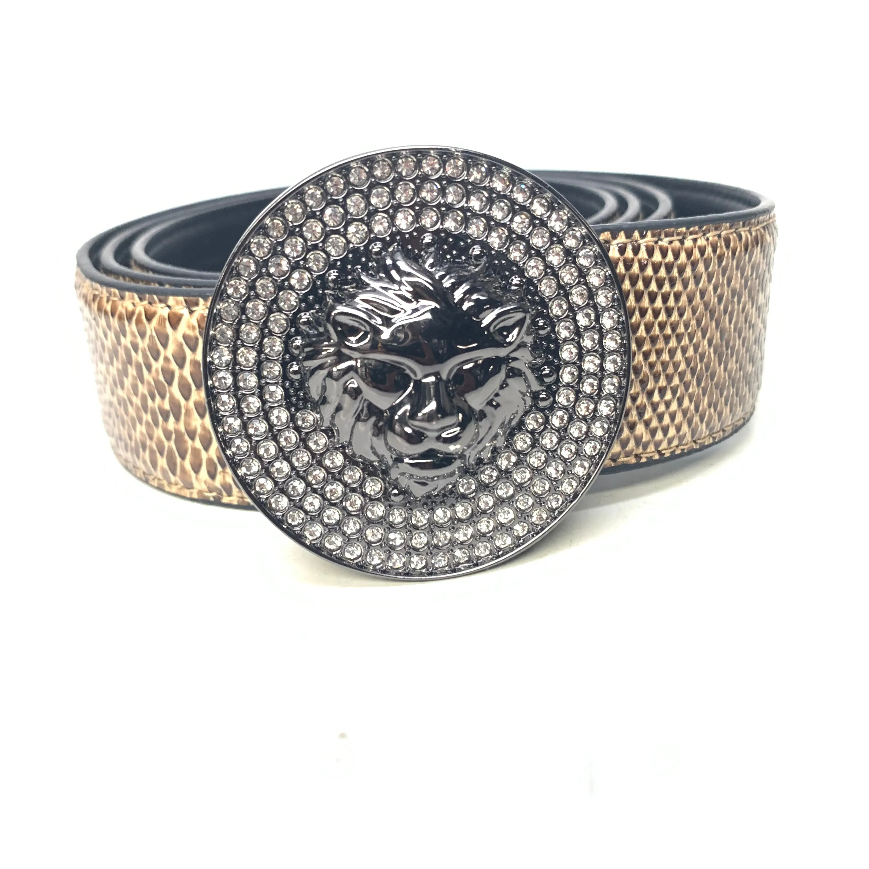 Barabas "Lion Guard" Shiny Black/Brown Snake Adjustable Luxury Leather Dress Belt