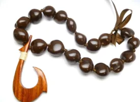 Brown Kukui with Wood Fish Hook Pendant