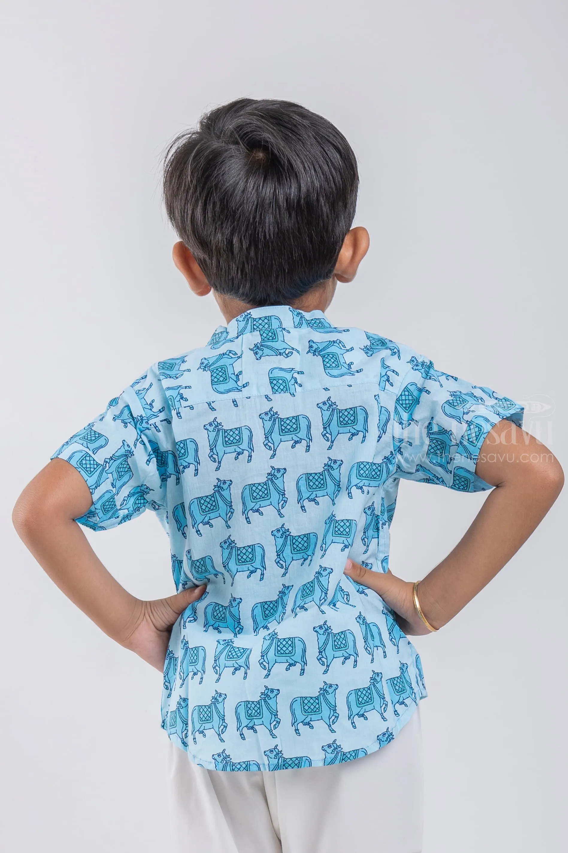 Celebrate Cultural Heritage with Boys' Pichwai Cow Print Shirt | Cotton | Nesavu