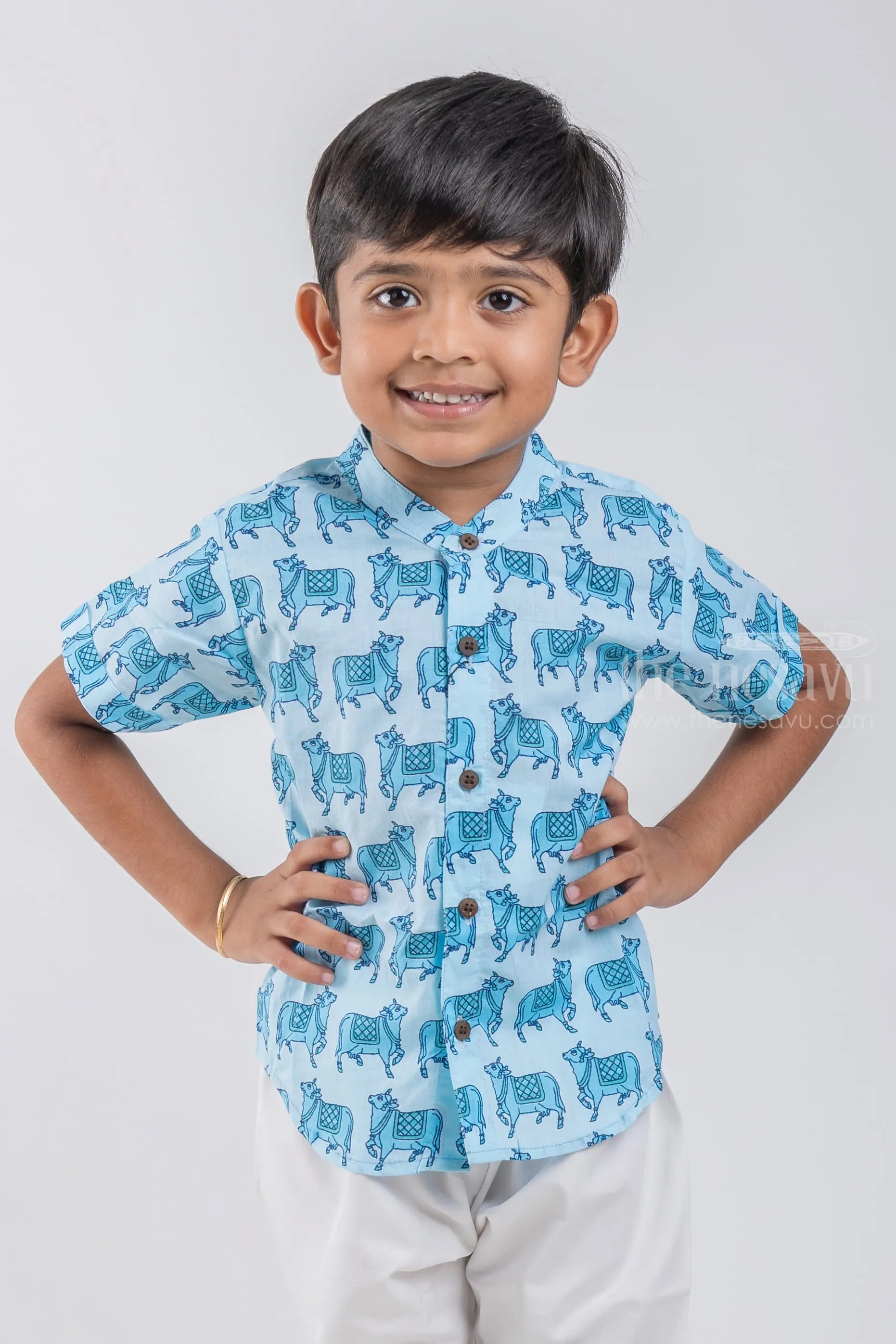 Celebrate Cultural Heritage with Boys' Pichwai Cow Print Shirt | Cotton | Nesavu