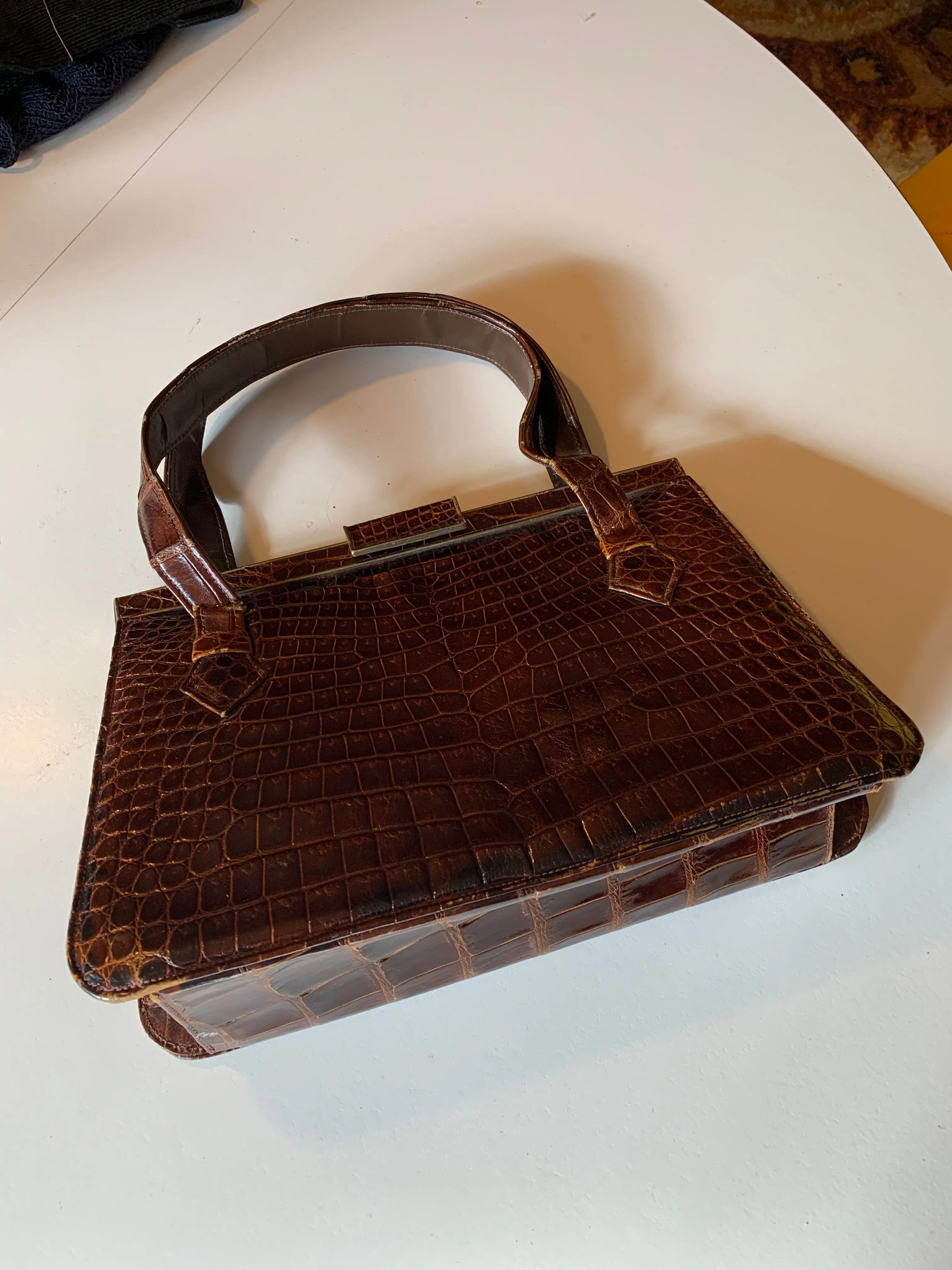 Cognac Brown Crocodile Kelly Style Handbag circa 1940s