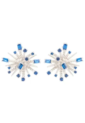 Cosmic Bang Baguette Cz Stud Earrings Sapphire Blue Cz Silver