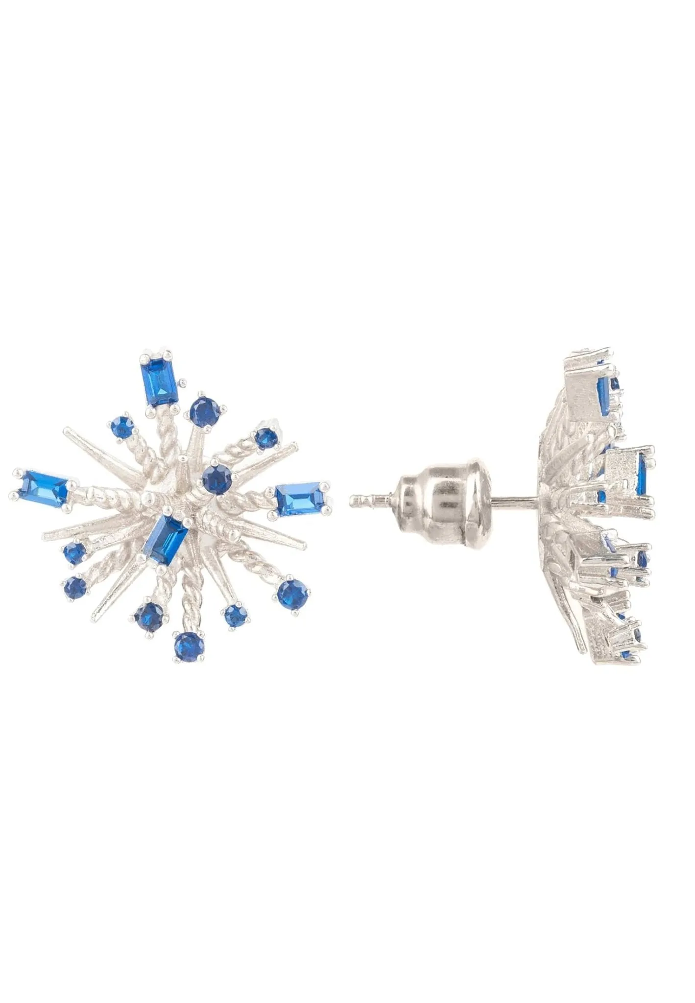 Cosmic Bang Baguette Cz Stud Earrings Sapphire Blue Cz Silver