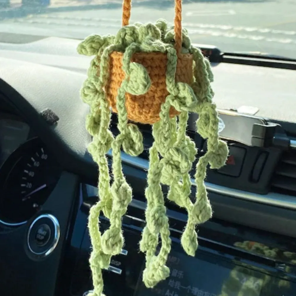 Cute Potted Plants Crochet Car Mirror Hanging Accessories Gift for Handicraft Lover