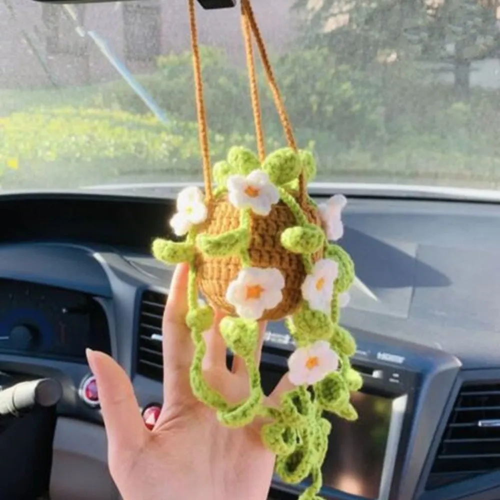 Cute Potted Plants Crochet Car Mirror Hanging Accessories Gift for Handicraft Lover