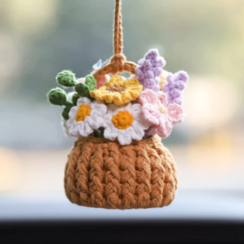 Cute Potted Plants Crochet Car Mirror Hanging Accessories Gift for Handicraft Lover