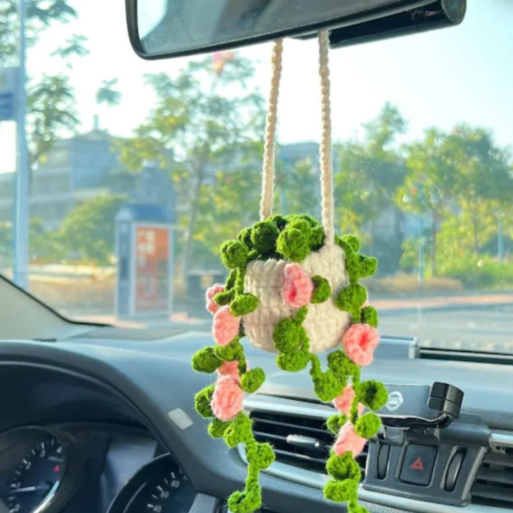 Cute Potted Plants Crochet Car Mirror Hanging Accessories Gift for Handicraft Lover