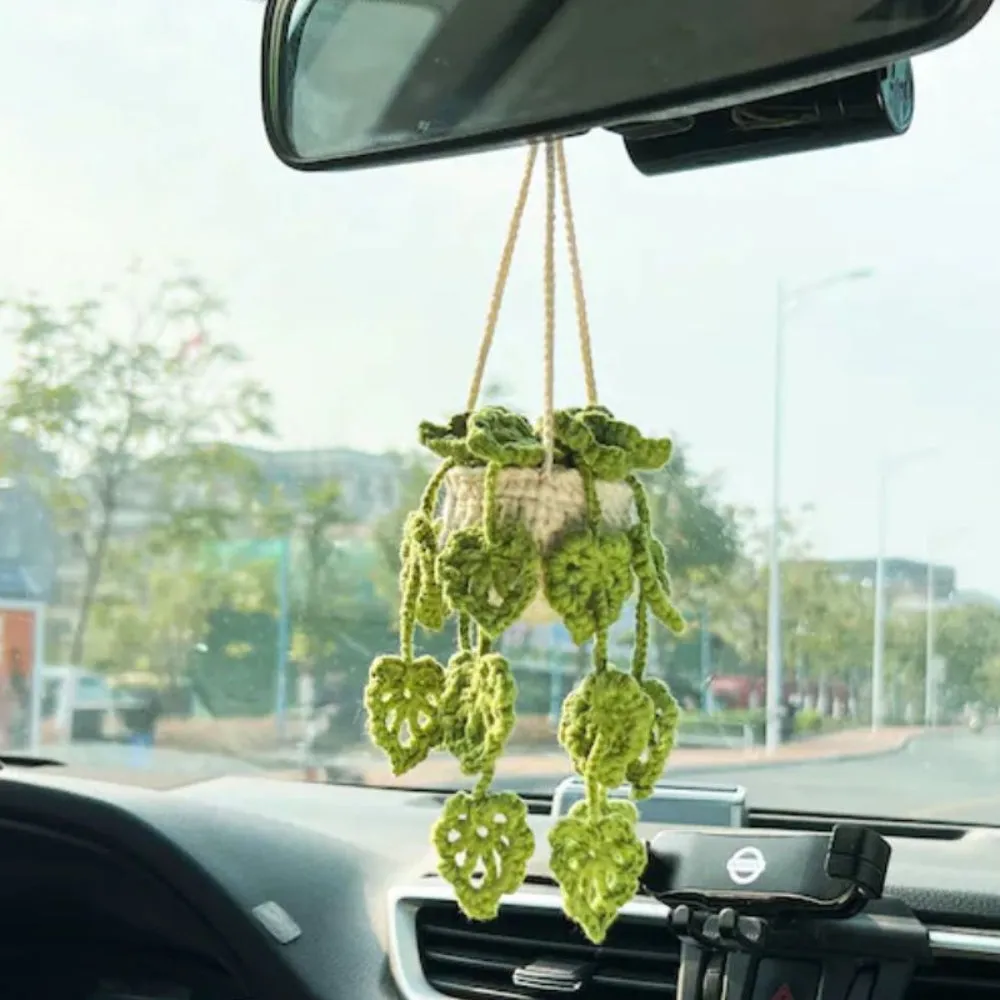 Cute Potted Plants Crochet Car Mirror Hanging Accessories Gift for Handicraft Lover