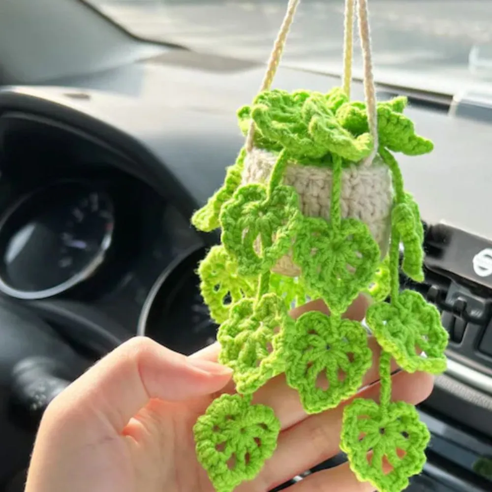 Cute Potted Plants Crochet Car Mirror Hanging Accessories Gift for Handicraft Lover