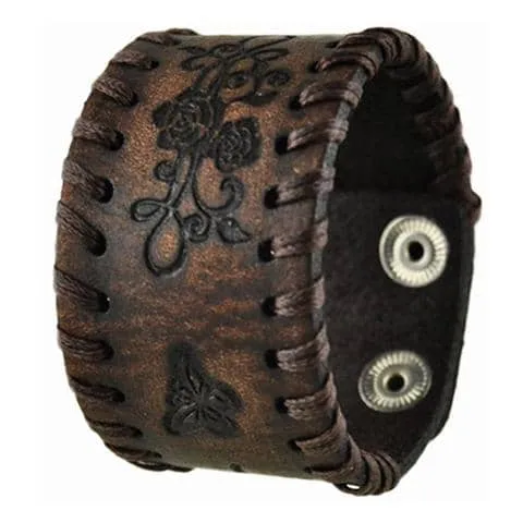 Dark Brown Side Weaved Flower Rose Embossed Leather Cuff Bracelet 517B