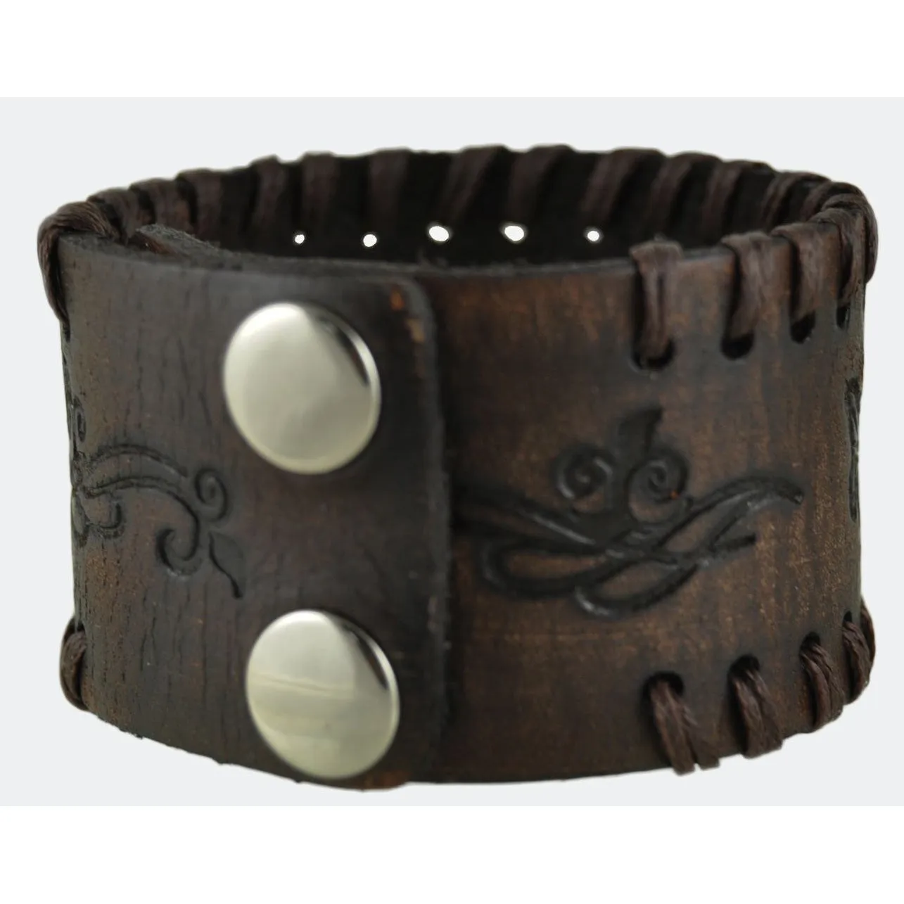 Dark Brown Side Weaved Flower Rose Embossed Leather Cuff Bracelet 517B