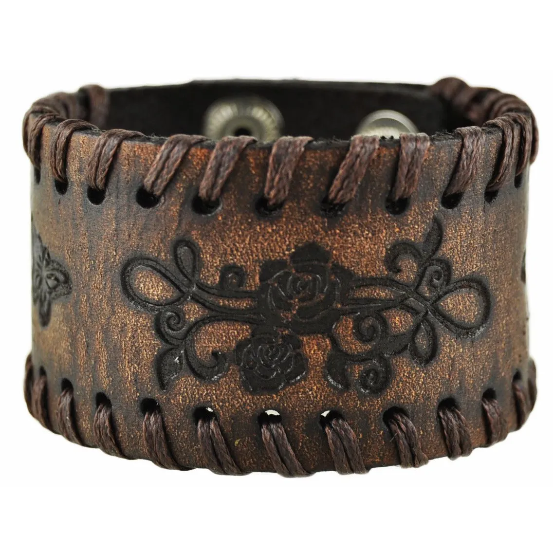 Dark Brown Side Weaved Flower Rose Embossed Leather Cuff Bracelet 517B