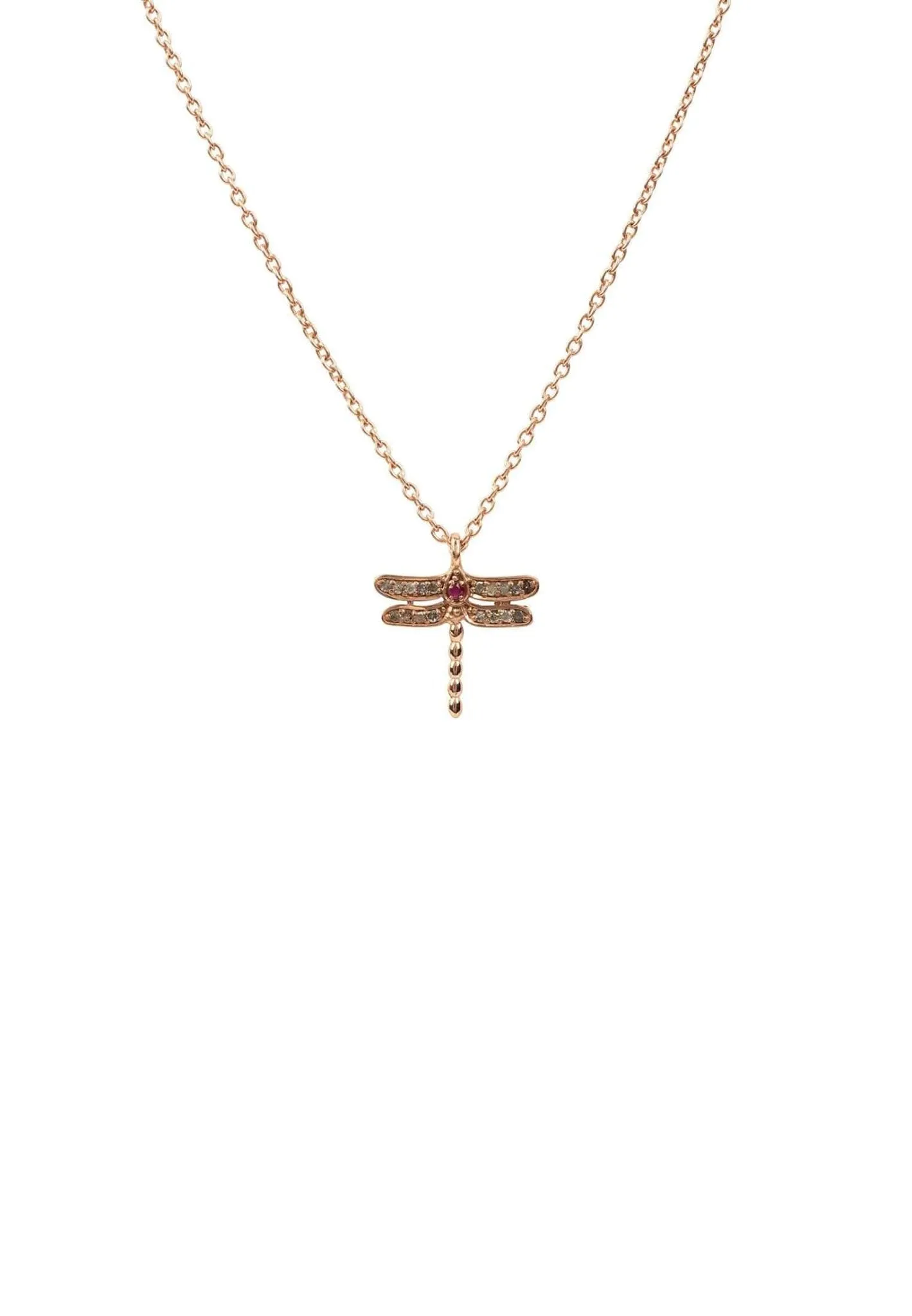 Diamond & Ruby Dragonfly Necklace Rosegold