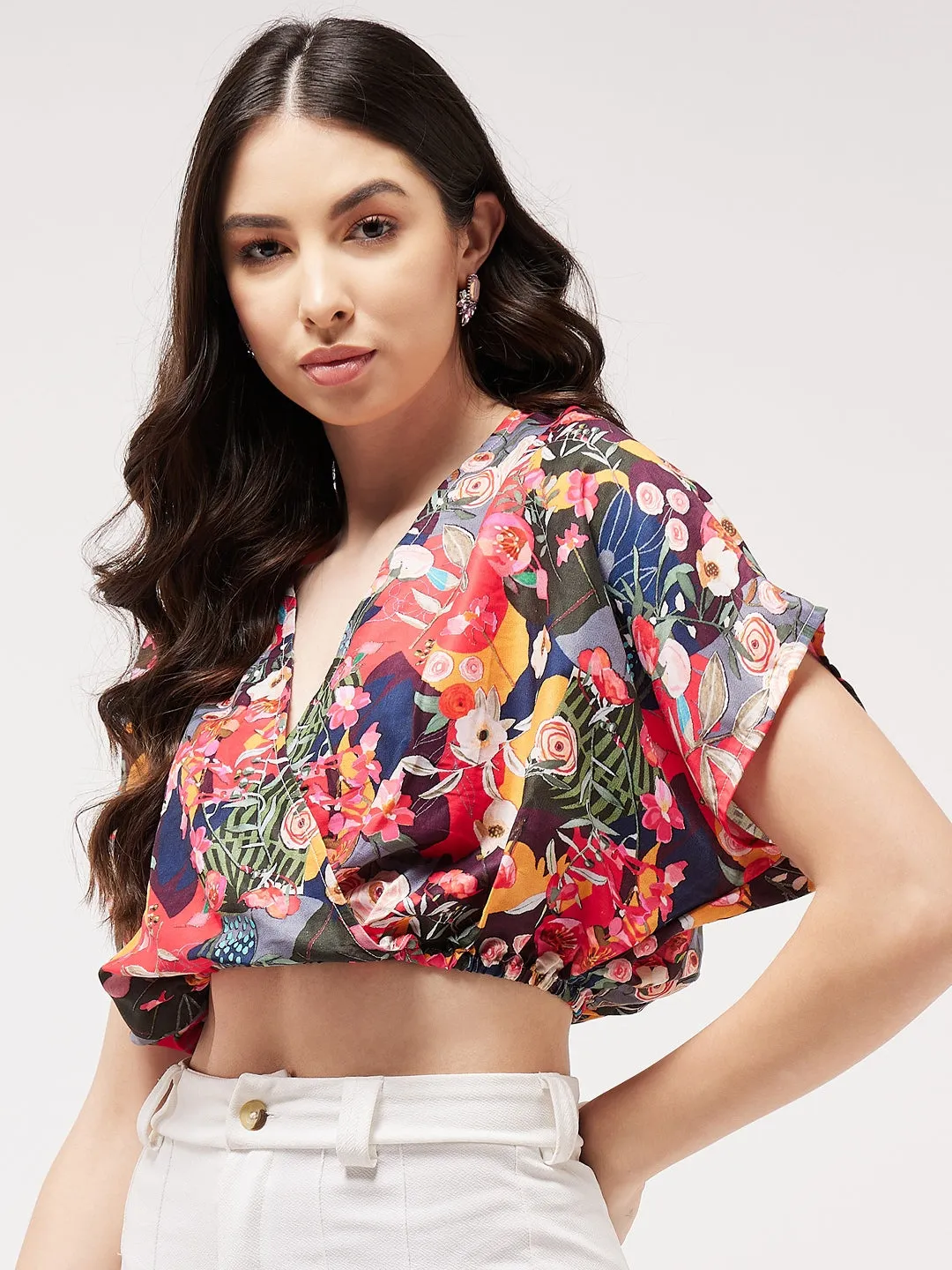 Digital Printed Overlap Crop Top With Elasticated Waist