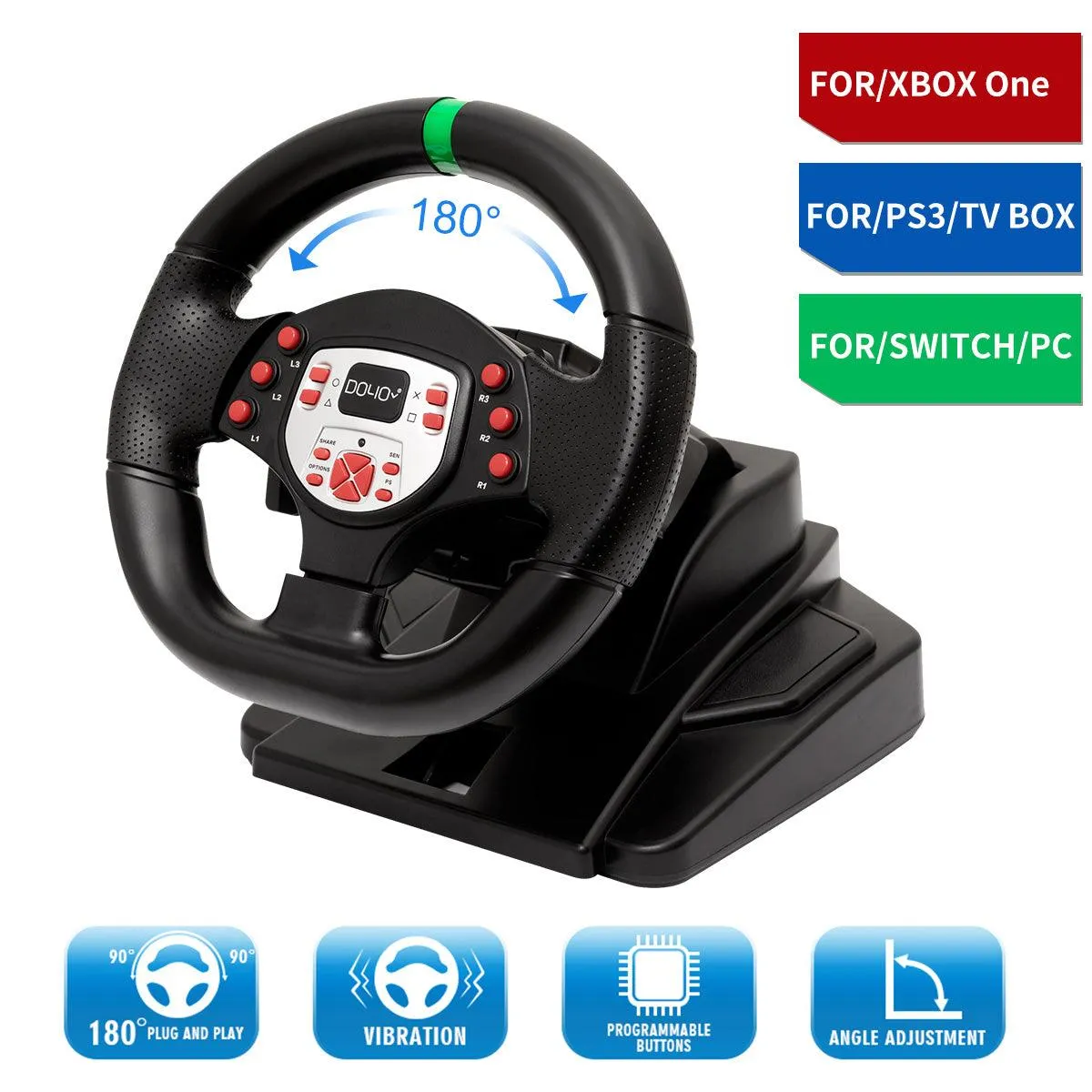 DOYO180 Degree Driving-gaming racing wheel: Compatible with PS3/PS4/XBOX One/XBOX 360/SWITCH/Android/PC, 180-degree Steering, Adjustable Height