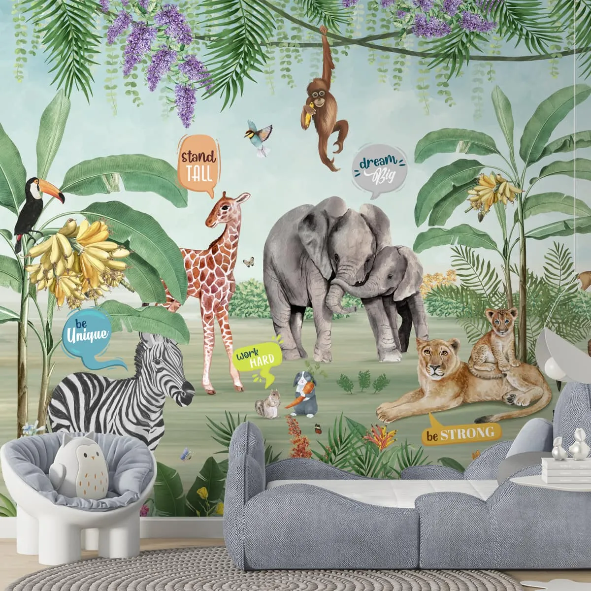 Jungle Theme Wallpaper with Cute Animals and Quotes, Customised