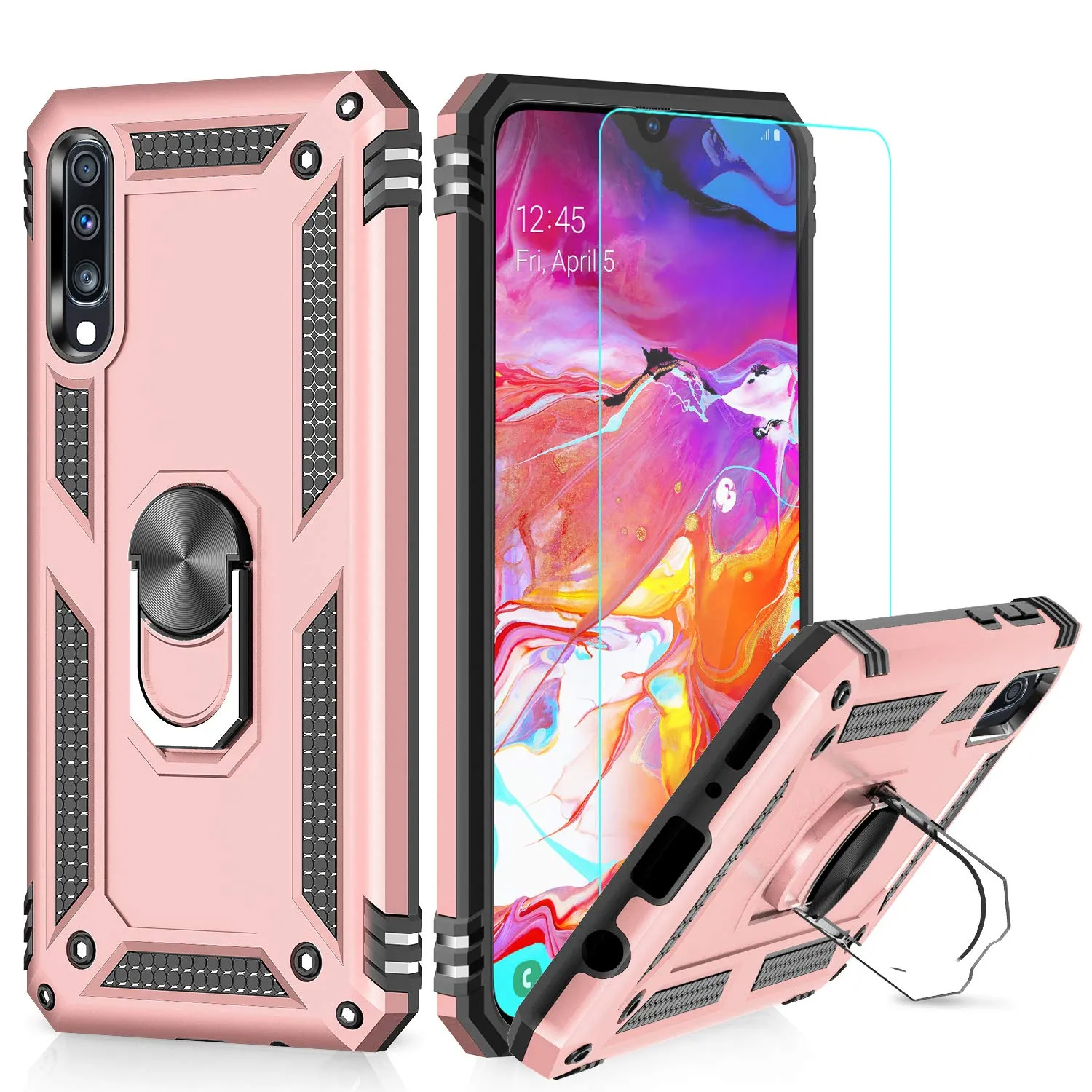 LeYi Galaxy A70/A70S Case with Ring Holder,Full Body Protective Silicone TPU Personalised Shockproof Tough Armour Phone Cover with 2 Tempered Glass