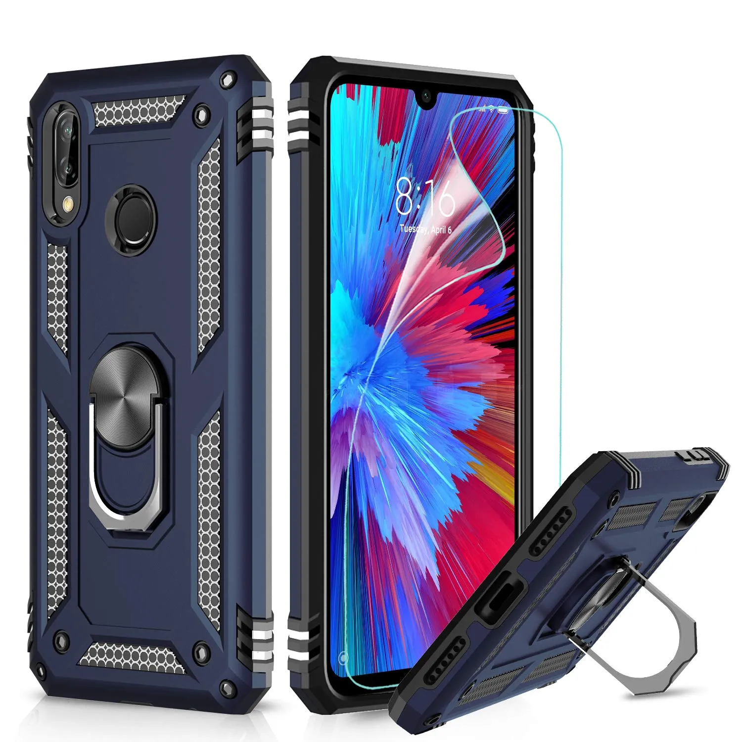 LeYi Xiaomi Redmi Note 7 Case with Ring Holder Kickstand, Full Body Protective Silicone TPU Gel Shockproof Tough Armour Cover with Screen Protector