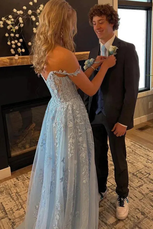 Light Blue Tulle Off Shoulder Long Prom Dresses With Lace Appliques  PSK421