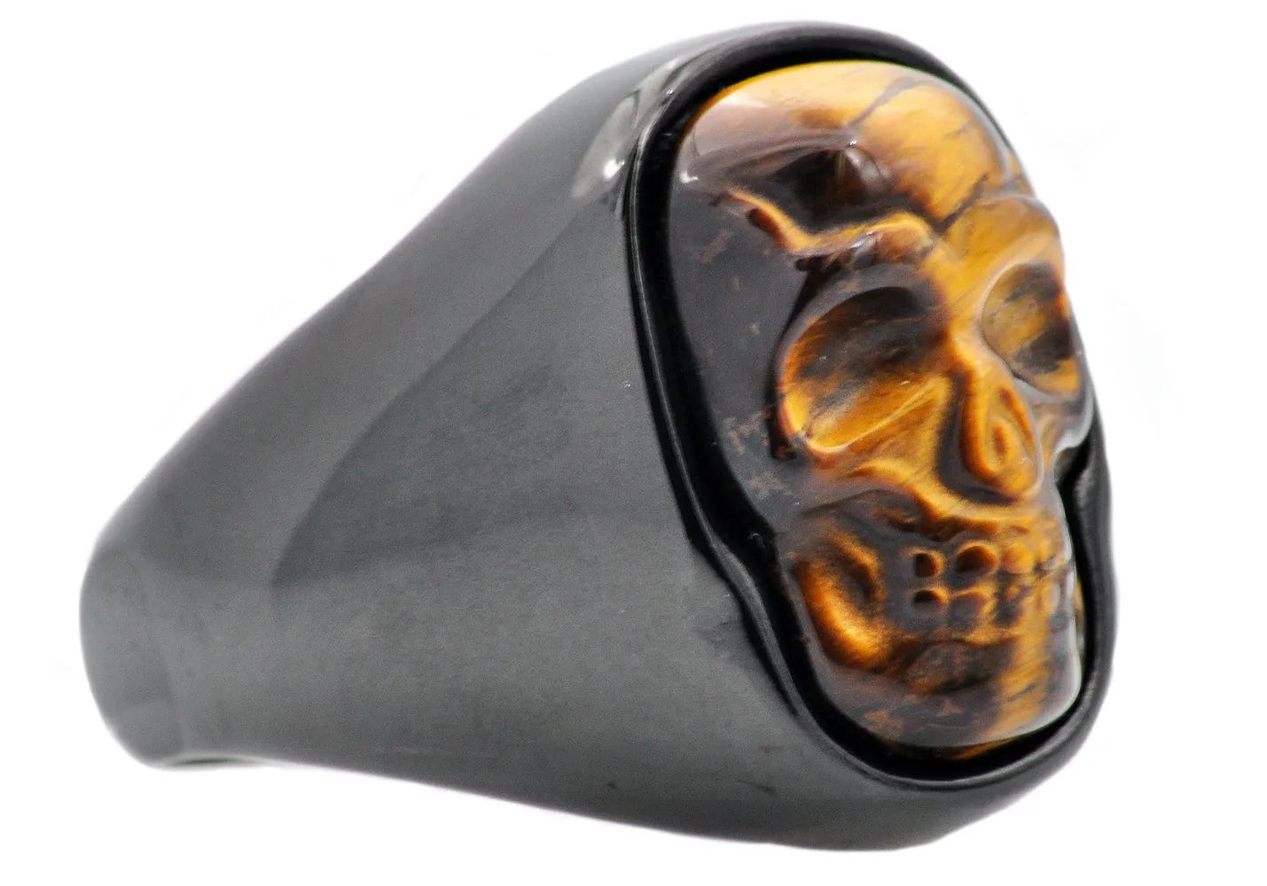 Mens Genuine Tiger Eye Black Plated Stainless Steel Skull Ring