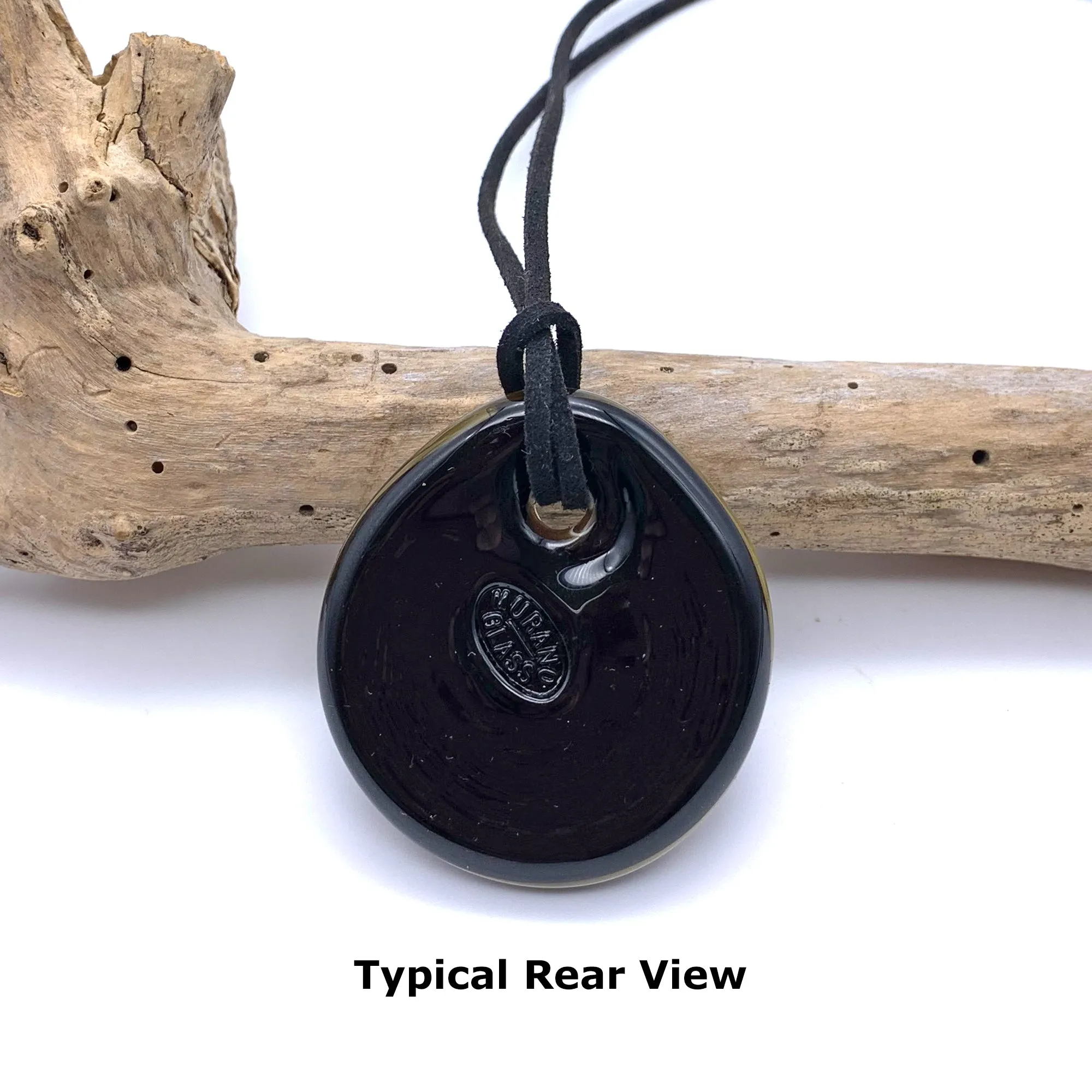 Necklace with shades of aventurine leaf on black Murano glass circular large flat pendant