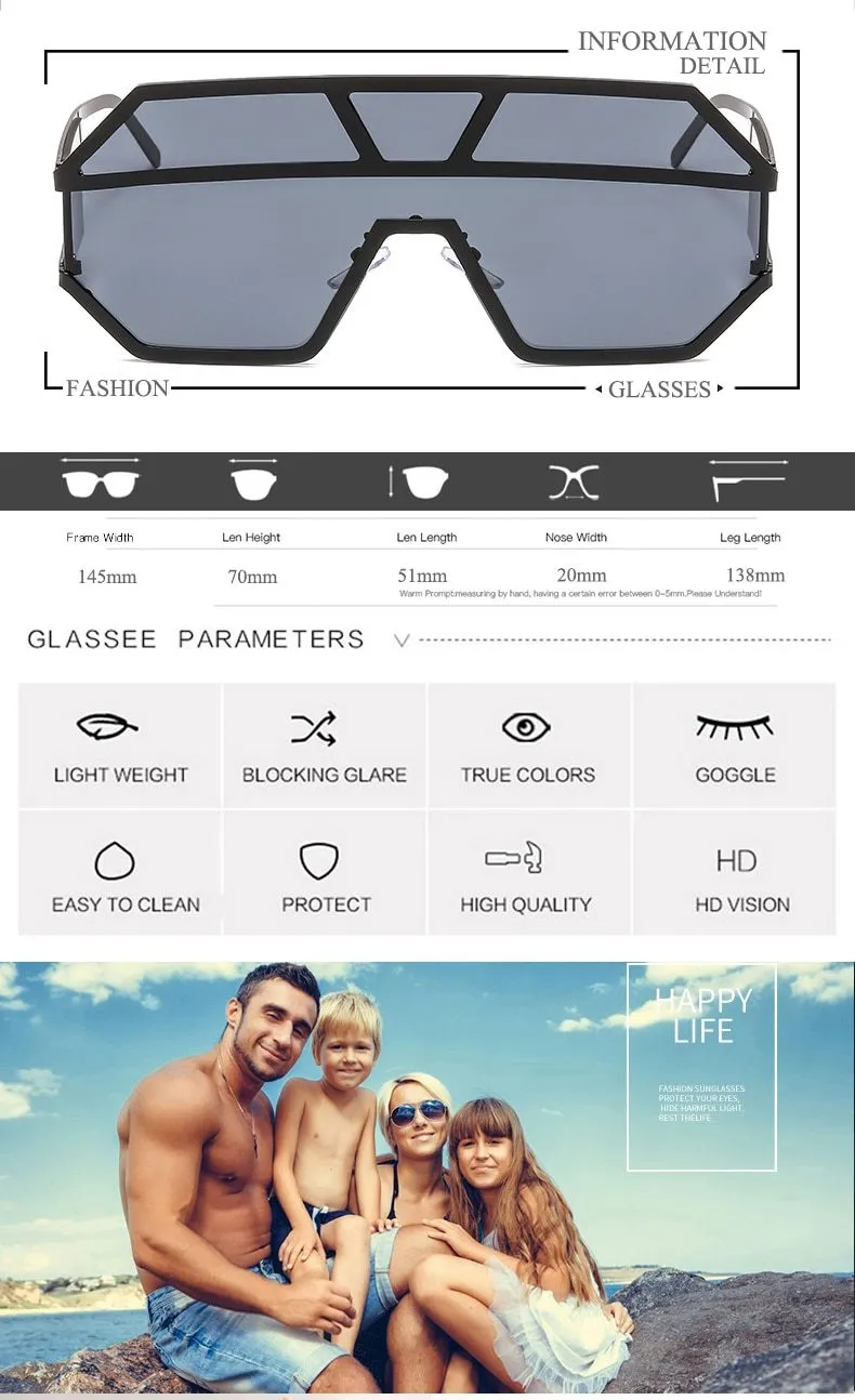 Oversized Square Designer Sunglasses for Women with One Piece Lens