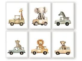 Safari Animal Car Nursery Print Set of 6