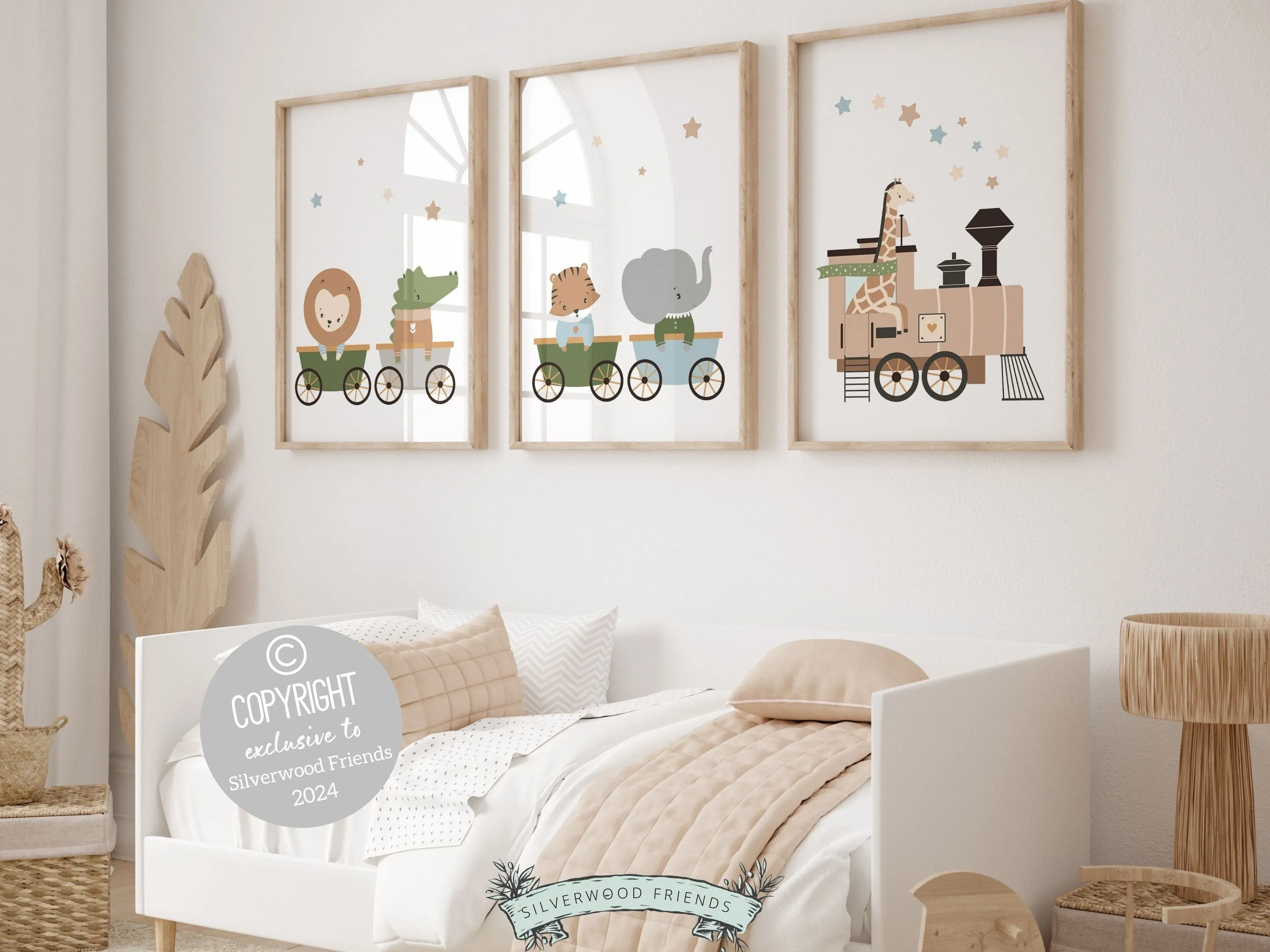 Safari Animal Train Nursery Prints - Set of 3