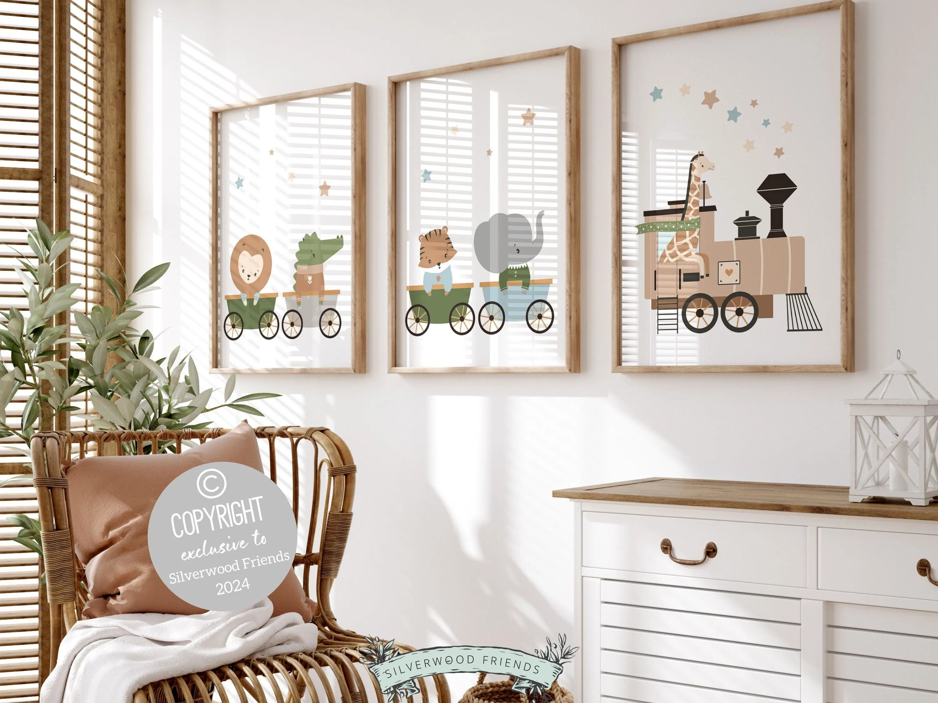 Safari Animal Train Nursery Prints - Set of 3