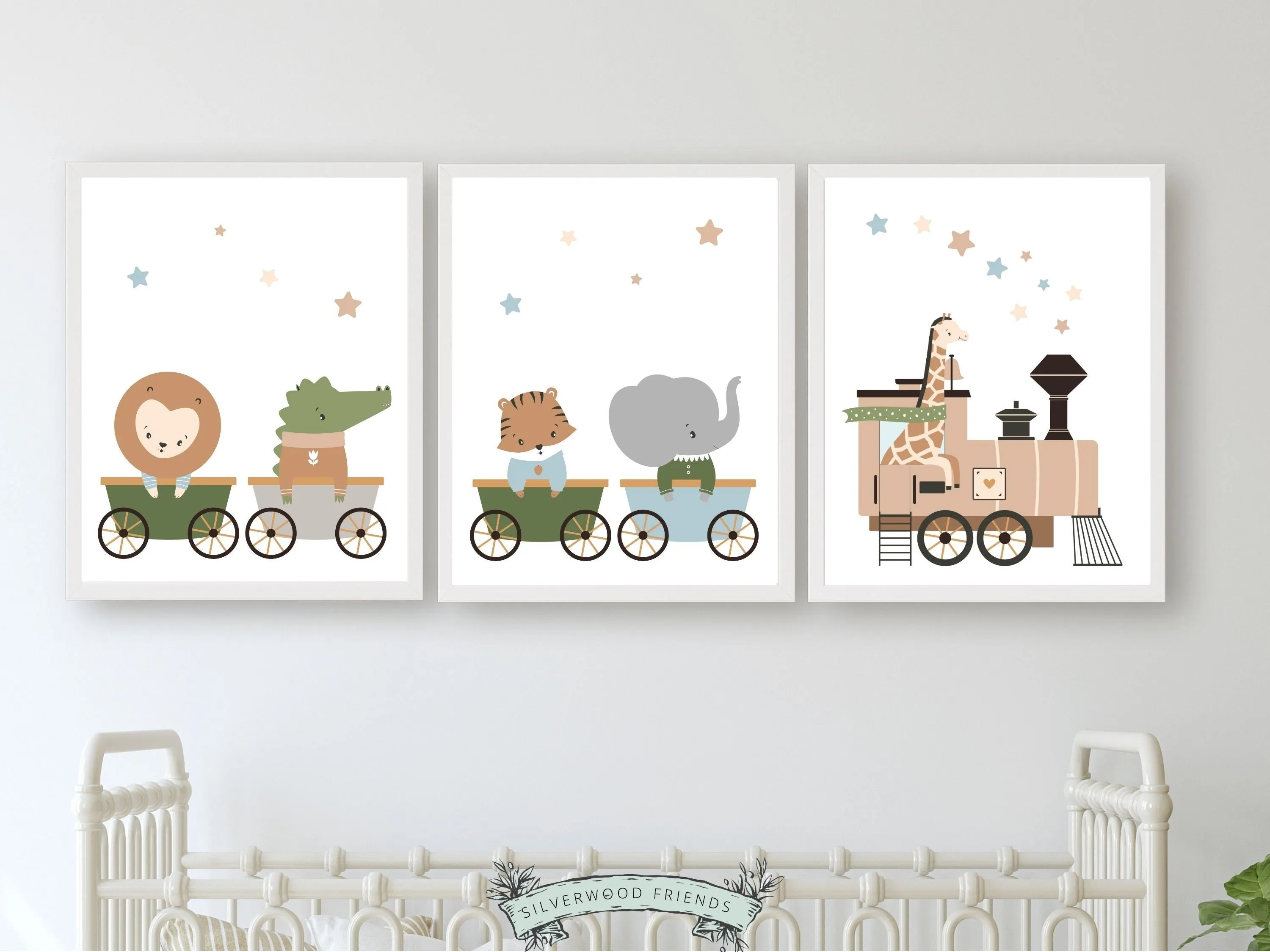 Safari Animal Train Nursery Prints - Set of 3