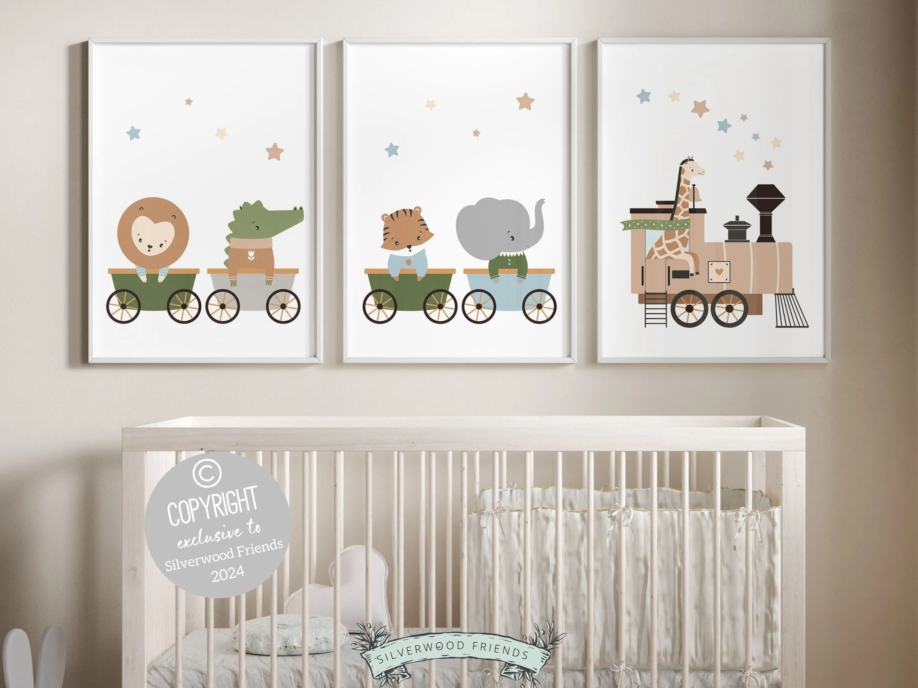 Safari Animal Train Nursery Prints - Set of 3