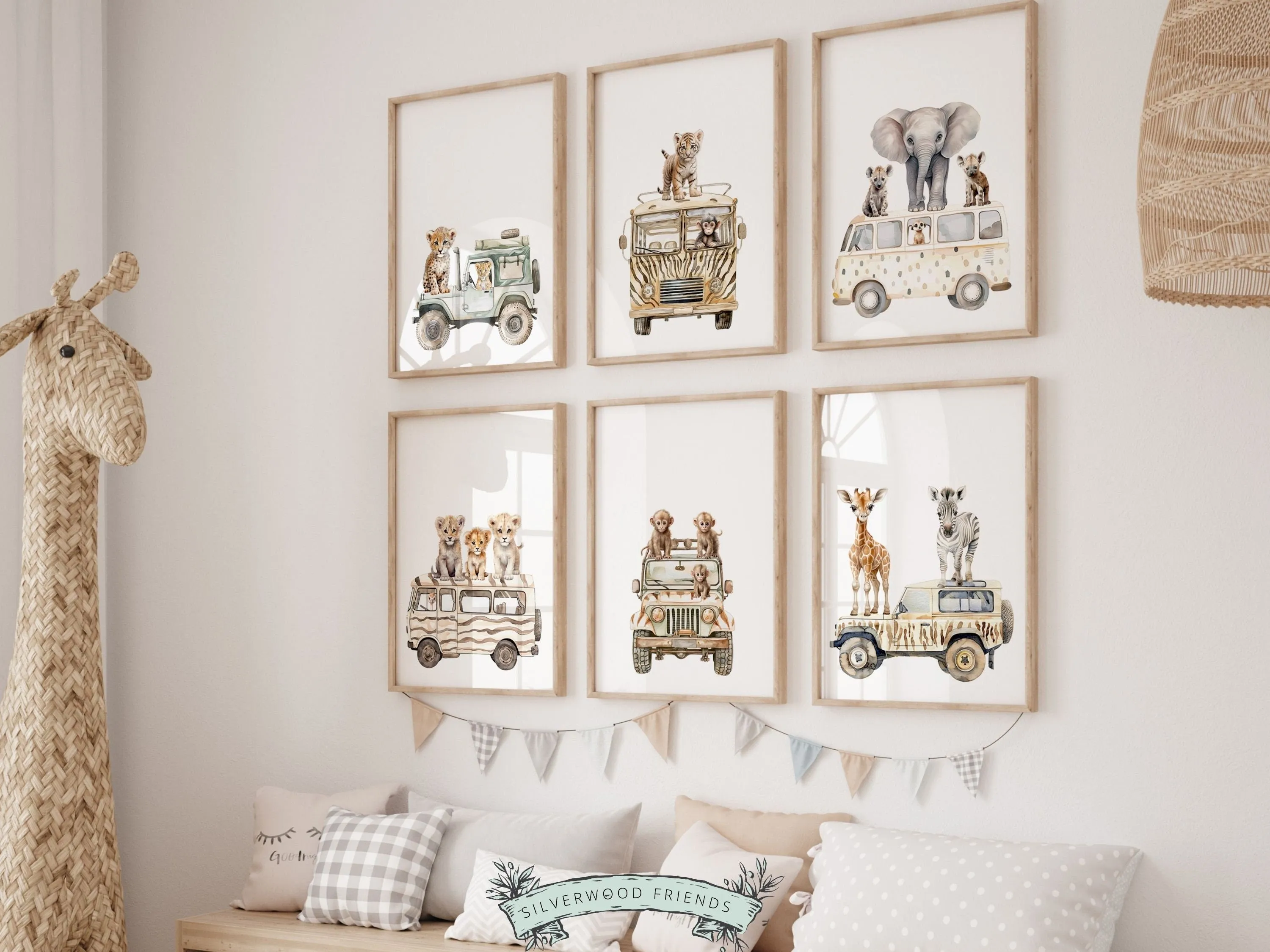 Safari Animals in Cars Nursery Prints