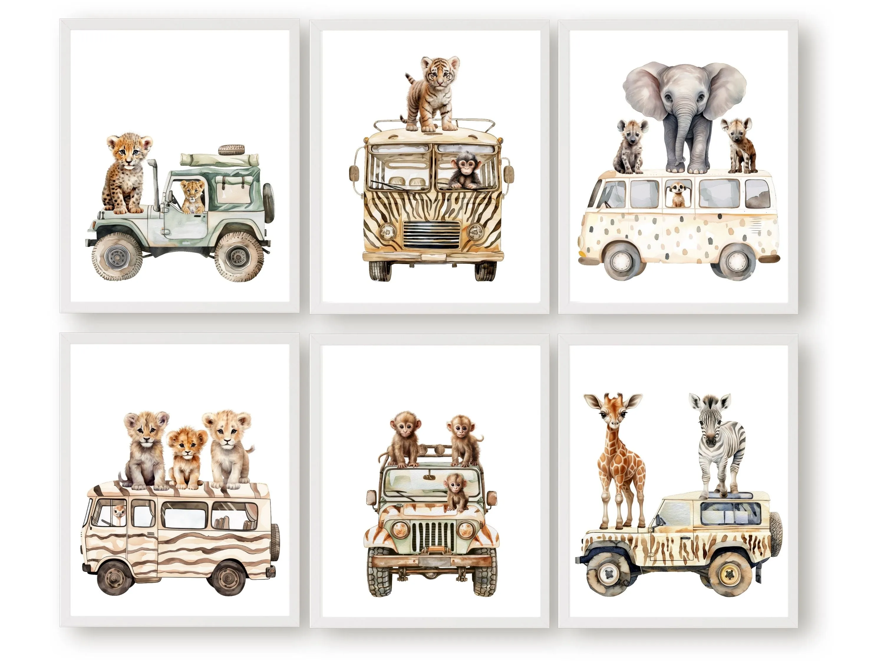 Safari Animals in Cars Nursery Prints