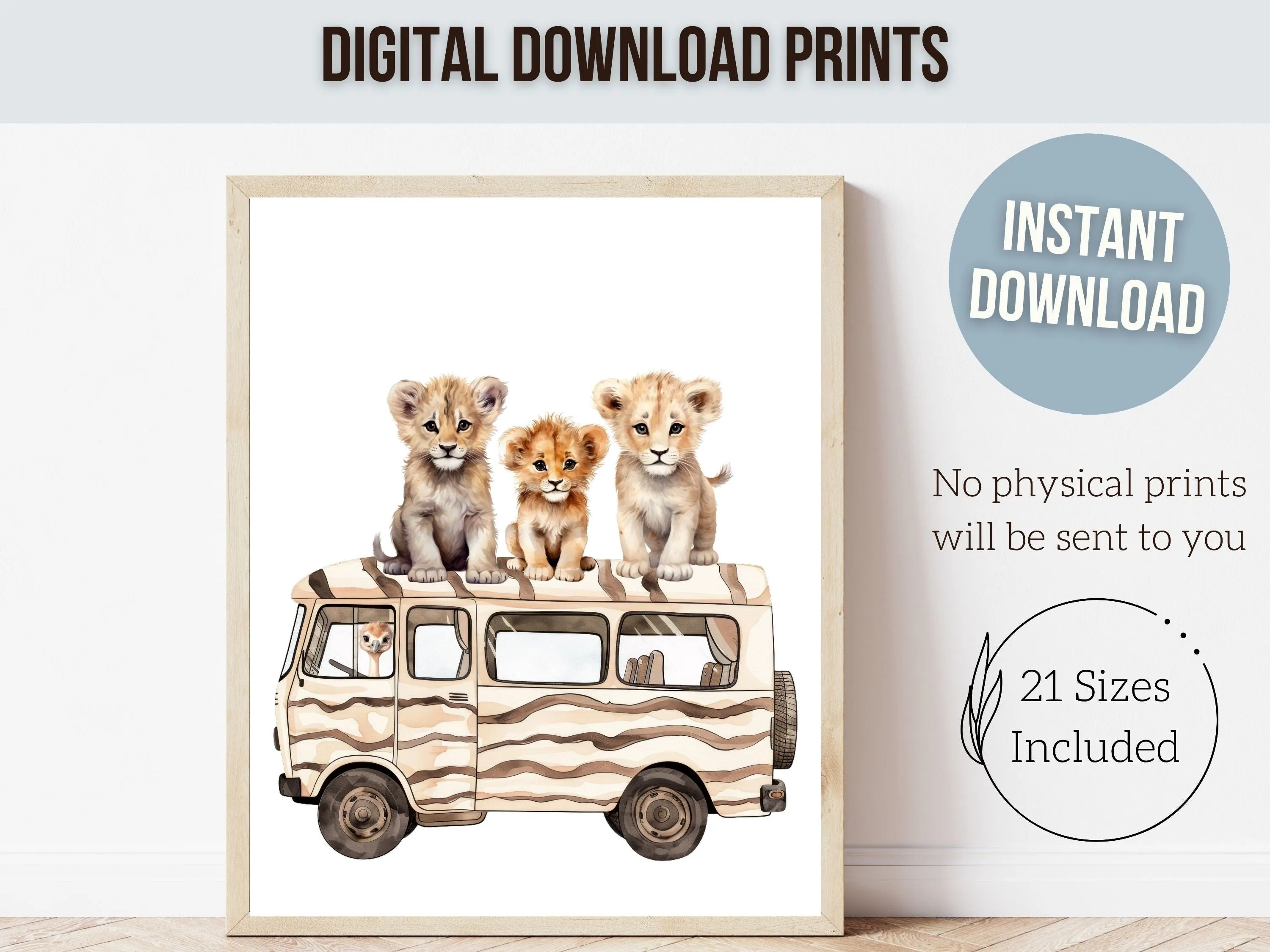 Safari Animals in Cars Nursery Prints