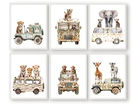 Safari Animals in Cars Nursery Prints