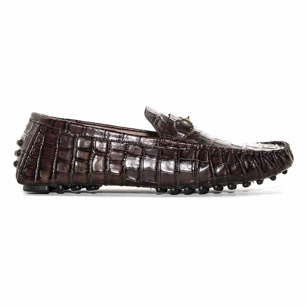 SIGOTTO UOMO Brown Italian Leather Crocodile Print Bit Moccasin